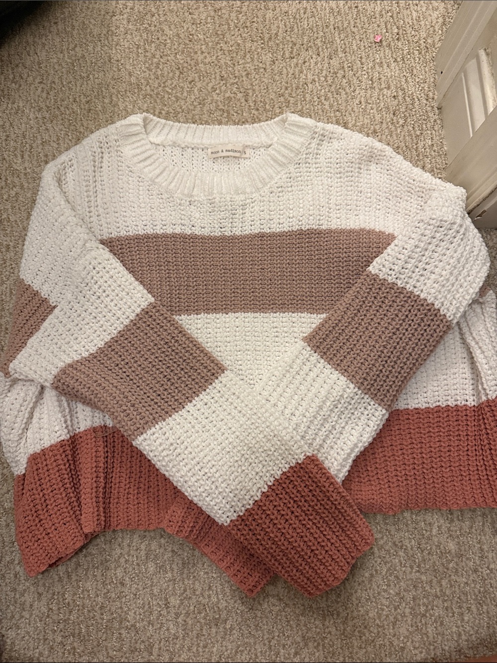 moon & madison Cream, Blush & Rust Striped Crewneck Sweater